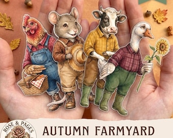 Muñecas de papel con animales de la cosecha de otoño, imágenes prediseñadas para álbumes de recortes, efímeros para manualidades y scrapbooking, hoja de collage digital, muñecas de granja, arte infantil