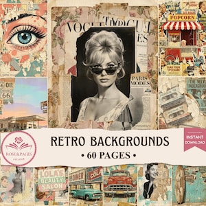 Puede incluir: Una colección de collage digital titulada Retro Backgrounds 60 Pages con estética vintage. Los elementos incluyen un retrato en blanco y negro de una persona con gafas de sol, una ilustración de un ojo azul, un puesto de palomitas y un coche clásico.