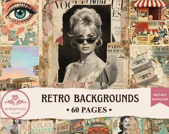 Paquete de papeles digitales con fondos retro, fondos vintage variados, estética de los años 70, 80 y 90, páginas para diario creativo, paquete de álbumes de recortes imprimibles