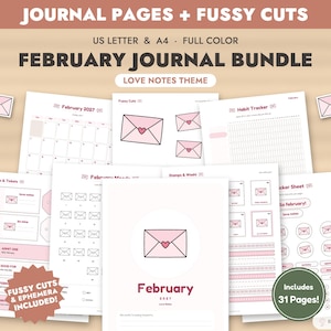 February Journal Bundle Printable, Love Notes Journal Pages + Fussy Cuts, Junk Journal Kit, Ephemera, Bullet Journal, Mood Tracker