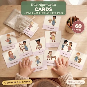 Kids Affirmation Cards, 60 Printable Kind Positive Affirmations for Children, Calm Down Corner, Vintage Daily Affirmation Chart, SEL, Canva