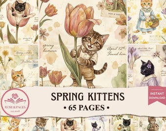 Páginas de diario de primavera con gatitos estilo cottagecore, papel efímero imprimible de acuarela vintage, kit de álbum de recortes digital, rosas y páginas.