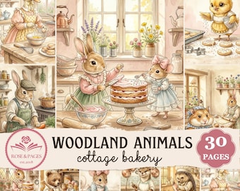 Páginas de diario de estilo cottagecore con animales y panadería, efímeros de repostería con acuarela vintage, papel digital imprimible para manualidades, rosas y páginas.