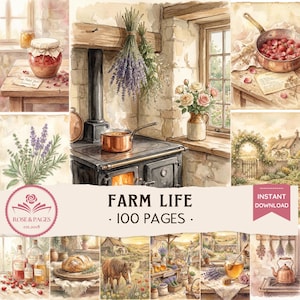 100 vintage skräpjournalsidor med lantliv, digitalt papper från Cottagecore, akvarelltryck i Beatrix Potter-stil, utskrivbart journalkit