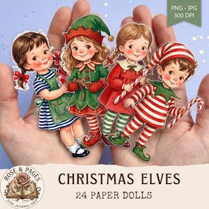 May include: A set of 24 paper dolls featuring illustrations of children dressed as Christmas elves in red, green, and white outfits. The characters wear striped stockings, pointed hats, and festive clothing, with some holding candy canes and gifts.