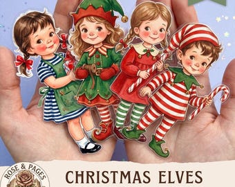Muñecos de papel de los Ayudantes de Santa, imágenes prediseñadas para álbumes de recortes, efímeros para manualidades y scrapbooking, hoja de collage digital, muñecos elfos, arte infantil
