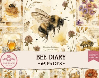 Páginas de diario de abejas campestres / Efímeros florales de abejas en acuarela vintage / Kit de álbum de recortes imprimible estilo cottagecore — Rose & Pages