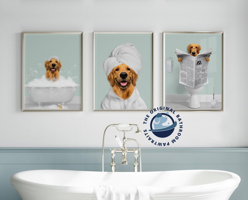 Custom Pet Portraits Set of 3, Funny Dog or Cat Portrait, Pet in Bathtub, Dog in Toilet, Personalized pet gift, Kids Bathroom Art, Dog Mom 