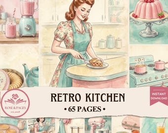Páginas de diario de cocina retro / Artículos de cocina vintage en tonos pastel de los años 50 / Kit de álbum de recortes imprimible estilo cottagecore — Rose & Pages
