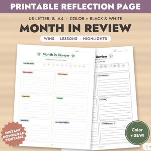 Pode incluir: Uma página de reflexão imprimível intitulada Month in Review com seções para vitórias, lições e destaques. O documento inclui campos para avaliar o mês, melhores momentos, momentos difíceis, conquistas, lições aprendidas e metas para o próximo mês.