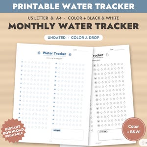 Op de afbeelding: Een printbare maandelijkse watertracker met twee versies, één in kleur en één in zwart-wit. De pagina's bevatten rijen met waterdruppelpictogrammen om in te kleuren voor dagelijkse bijhouding, met een sectie voor een dagelijks doel.