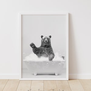 Bear in a Bathtub Print, Bear Bathing, Funny Bathroom Print, Woodland Animal Art, Animal in bathtub, Bear in Tub, Whimsy Animal Art,Kids Art