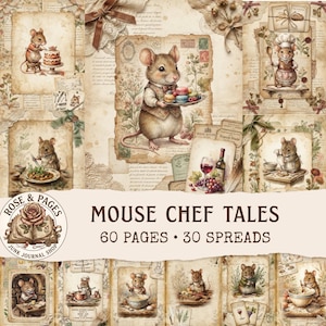 Op de afbeelding: Een collectie papierbladen in vintage-stijl getiteld Mouse Chef Tales, met 60 pagina's en 30 spreads. De ontwerpen tonen illustraties van antropomorfe muizen in kokskleding die voedsel bereiden, omringd door geschreven tekst en bloemmotieven.