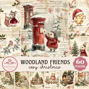 May include: A collection of 60 pages titled WOODLAND FRIENDS cosy christmas featuring watercolour illustrations of a mouse, hedgehog, chick, and fox in winter settings, red post boxes, holly, and text snippets on a vintage paper background.