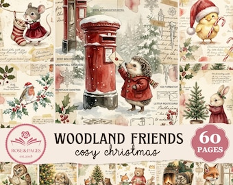 Páginas de diario navideño acogedor con animales del bosque / Efímeros de invierno con acuarelas de cuentos vintage / Kit imprimible estilo cottagecore — Rose & Pages