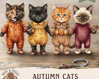 Muñecas de papel de gatitos otoñales, imágenes prediseñadas para álbumes de recortes, efímeros para manualidades y scrapbooking, hoja de collage digital, lindas muñecas de gatitos, actividad para niños
