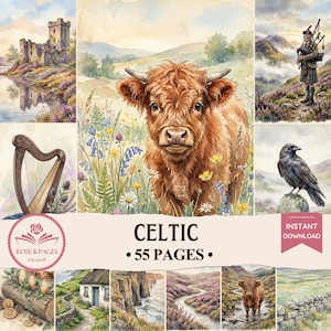 Può includere: Una collezione di illustrazioni ad acquerello a tema celtico. Le immagini includono una mucca delle Highlands, un castello, un'arpa, un corvo e un suonatore di cornamusa. Il testo sull'immagine recita "Celtic - 55 pagine - Download istantaneo."