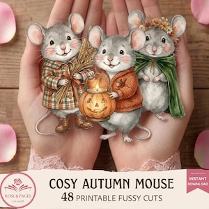 Peut inclure: Trois souris grises illustrées en vêtements d'automne. L'une tient du blé, l'autre porte une citrouille lanterne allumée, et la troisième porte une cape verte avec une couronne de fleurs. Texte: COSY AUTUMN MOUSE 48 PRINTABLE FUSSY CUTS.