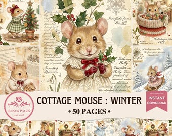Páginas de diario de invierno con temática de ratones estilo cottagecore, papel efímero imprimible de acuarela vintage, kit de álbum de recortes digital, rosas y páginas.