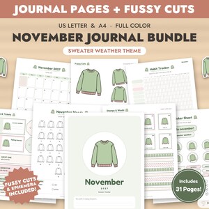 November Journal Bundle Printable, Sweater Weather Journal Pages + Fussy Cuts, Junk Journal Kit, Ephemera, Bullet Journal, Mood Tracker