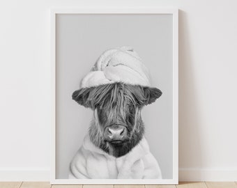 Scottish Highland Cow Printable, Funny Bathroom Art, Black And White Cattle, Toilet Humor, Kids Bathroom, Whimsy Animal Art, Spa Animal Art