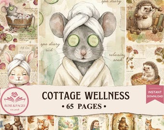 Páginas de diario de bienestar campestre / Artículos efímeros de yoga, spa y autocuidado con acuarelas vintage / Kit de álbum de recortes imprimible estilo cottagecore / Rosas y páginas