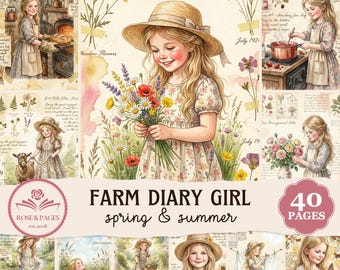 Páginas de diario de primavera y verano de Farm Diary Girl / Elementos decorativos vintage estilo cottagecore en acuarela / Kit de scrapbooking imprimible — Rose & Pages