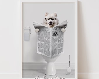 Samoyed on the toilet, Restroom Dog Portrait, Funny Bathroom Wall Art, Bathroom Decor,Pet Gift, Funny Dog Art, Kids Bathroom, Samoyed Gift