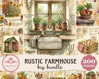 Paquete de artículos para diario de estilo rústico de granja / Efímeros de granero y cocina en acuarela vintage / Colección de álbumes de recortes imprimibles estilo cottagecore