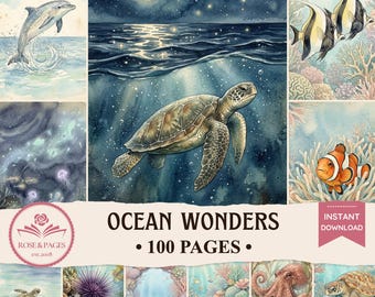May include: A collection of watercolor illustrations featuring marine life, including a dolphin, sea turtle, and clownfish. The title "Ocean Wonders" is displayed with the text "100 Pages" and "Instant Download". The artwork has a dreamy, underwater theme.