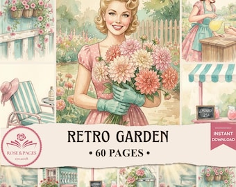 Páginas de diario de recortes retro para jardín y patio / Artículos efímeros de exterior en tonos pastel de los años 50 / Kit de álbum de recortes imprimible estilo cottagecore — Rose & Pages