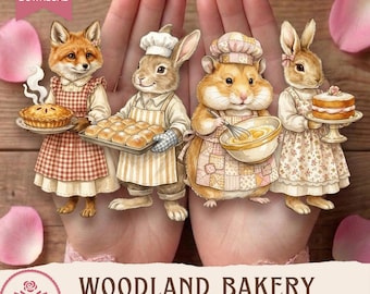 Panadería Amigos del Bosque: 20 personajes recortados con precisión, efímeros de repostería con animales de cuento, diario digital vintage con fondo blanco y acuarela.