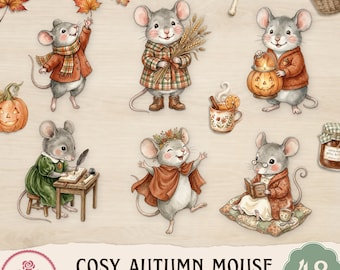 Ratón de cabaña acogedora de otoño con recortes precisos / Clip art PNG de ratón de bosque estilo cottagecore / Elementos imprimibles para álbumes de recortes — Rose & Pages