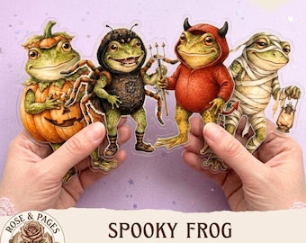 Kit de imágenes prediseñadas de muñecos de papel de ranas de Halloween, kit de teatro de marionetas, muñecos recortables estilo cottagecore, 24 muñecos, manualidades para niños, efímeros de álbum de recortes de otoño