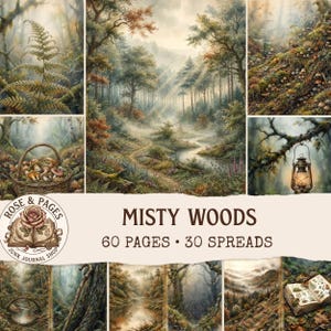 Op de afbeelding: Een verzameling bedrukte pagina's getiteld Misty Woods, 60 pagina's, 30 spreads, met illustraties van boslandschappen, varens, paddenstoelen in een mand, een lantaarn en een open boek met botanische tekeningen in een gedempt, aards kleurenpalet.