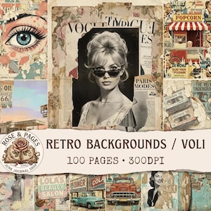 Pode incluir: Uma colagem digital de fundos com tema retrô apresentando recortes de revistas vintage, um retrato em preto e branco de uma pessoa de óculos escuros, uma barraca de pipoca, fitas cassete, um carro clássico e o texto ROSE & PAGES RETRO BACKGROUNDS / VOL1.