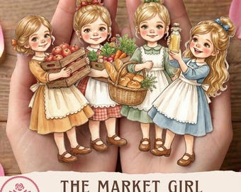 Muñecas de papel vintage de vendedoras de mercado, recortes precisos, escenas para diario imprimibles, efímeros estilo años 50, imágenes prediseñadas PNG para álbumes de recortes de miel y panadería