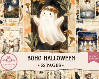 Boho Halloween and Ghost Junk Journal Pages | Vintage Cottagecore Halloween Ephemera | Printable Scrapbook Kit — Rose & Pages