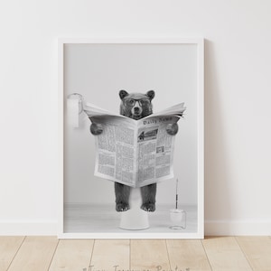 Bear Print, Funny Bathroom Decor, Bear in Toilet, Animal in toilet, Black And White Bear, Whimsy Animal Art, Kids Bathroom Wall Art