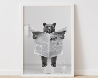 Bear Print, Funny Bathroom Decor, Bear in Toilet, Animal in toilet, Black And White Bear, Whimsy Animal Art, Kids Bathroom Wall Art