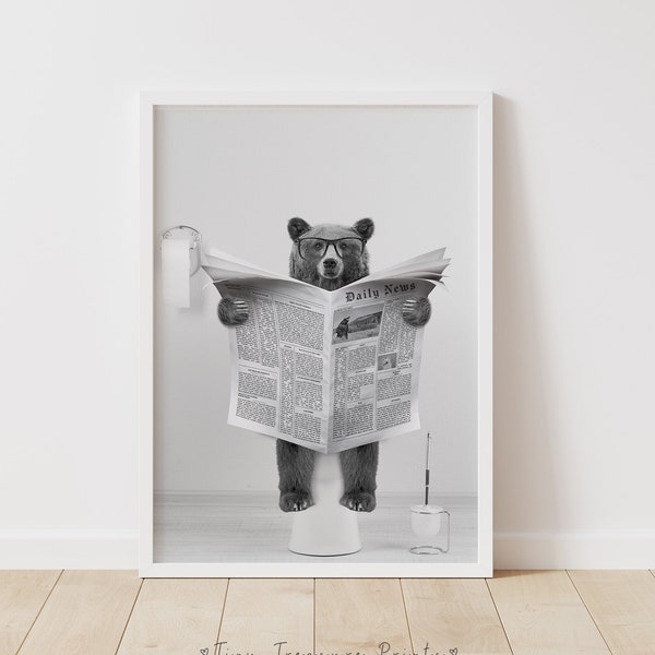 Bear Print, Funny Bathroom Decor, Bear in Toilet, Animal in toilet, Black And White Bear, Whimsy Animal Art, Kids Bathroom Wall Art