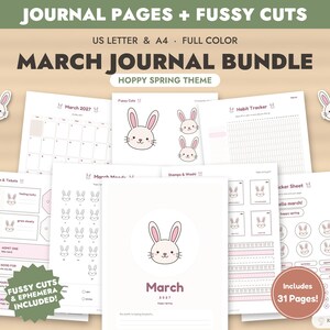 Paquete de imprimibles para diario de marzo, páginas de diario de primavera alegres + recortes precisos, kit de diario de recortes, efímeros, diario de viñetas, registro de estado de ánimo, tamaño carta A4