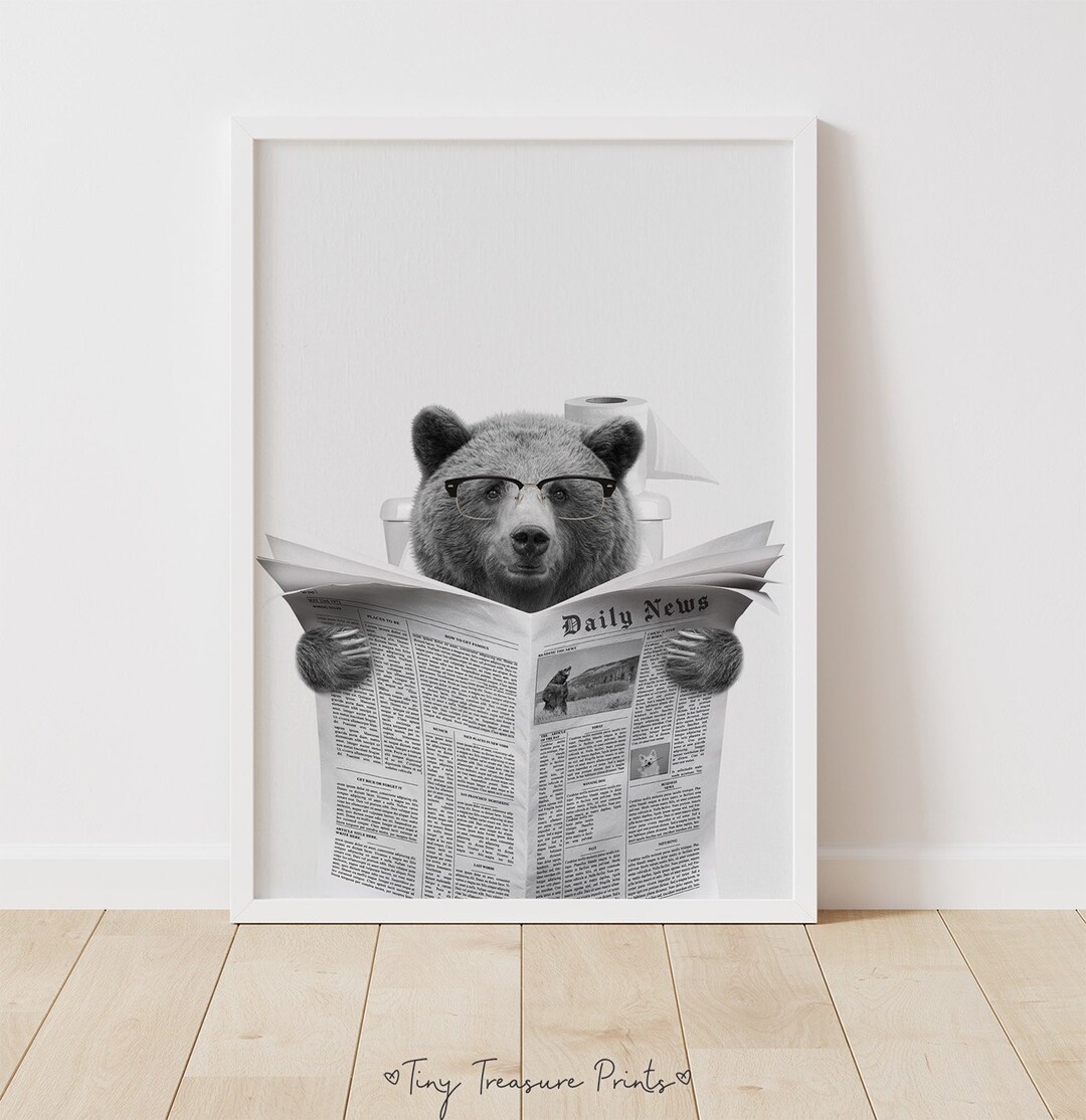 Black and White Bear Poster, Bear on Toilet With Newspaper, Funny