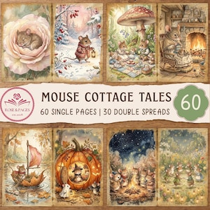 Pode incluir: Um livro de colorir intitulado Mouse Cottage Tales com 60 páginas individuais e 30 páginas duplas. A capa exibe oito ilustrações de ratos antropomórficos em vários cenários, incluindo uma rosa, uma floresta nevada e uma casa de abóbora.
