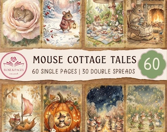 Mouse Cottage Tales 60 Junk Journal Pages, Woodland Mouse Storybook Ephemera, Vintage Watercolour Mouse Digital Paper, Printable Journal Kit