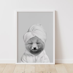 Fox in Bathrobe Poster, Funny Bathroom Art, Black And White, Toilet Humor, Kids Bathroom Art, Whimsy Animal, Toilet poster, Bathroom Animal