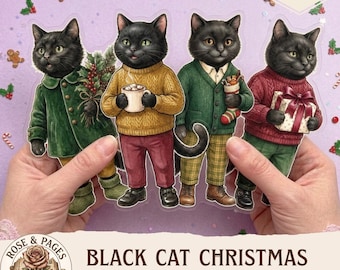 Kit de imágenes prediseñadas de muñecas de papel navideñas de gato negro, kit de teatro de marionetas imprimible, muñecas recortables estilo cottagecore, 54 muñecas, paquete de manualidades navideñas para niños