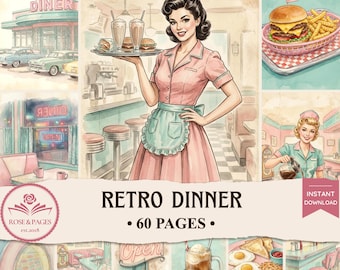 Páginas de diario de estilo retro de restaurante / Artículos efímeros de batidos en tonos pastel de los años 50 / Kit de álbum de recortes imprimible estilo cottagecore — Rose & Pages
