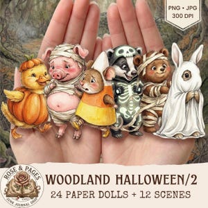 May include: A set of digital illustrations featuring six woodland animals in Halloween costumes: a duck in a pumpkin suit, a piglet mummy, a mouse in a candy corn outfit, a badger skeleton, a bear mummy, and a rabbit ghost. Text includes PNG JPG 300 DPI, ROSE & PAGES, WOODLAND HALLOWEEN/2, and 24 PAPER DOLLS + 12 SCENES.
