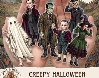 Kit de imágenes prediseñadas de muñecas de papel espeluznantes para Halloween, kit de teatro de marionetas, muñecas recortables góticas vintage, 48 muñecas, efímeros para manualidades de diario de recortes, 48 muñecas